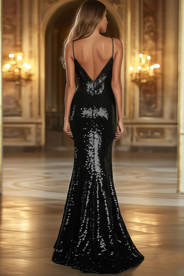 Robe de bal noire sirène à col en V profond à paillettes